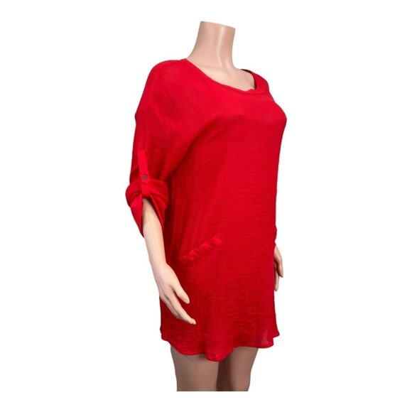 Umgee Women SZ M- Red Woven Knit Top Tunic Pullover Roll Tap Sleeve Faux Pockets - Picture 6 of 15